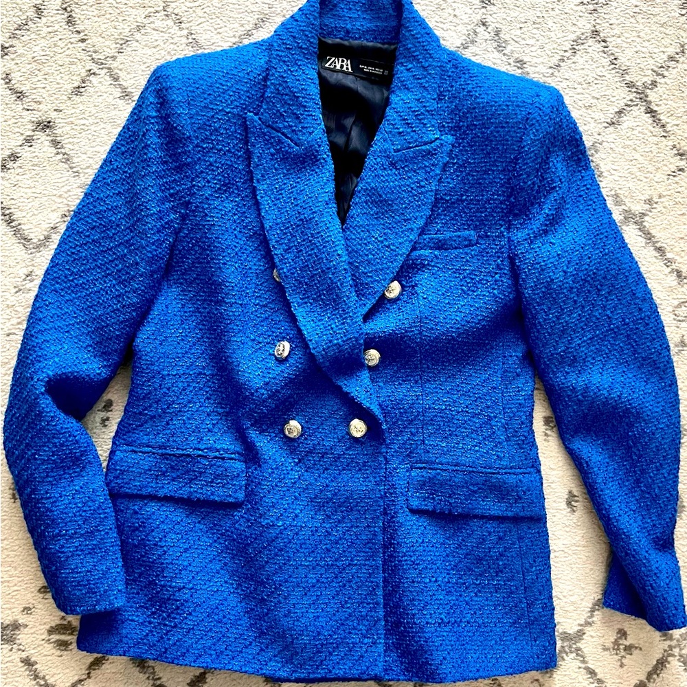 Zara Blue Tweed Double Breasted Blazer XL